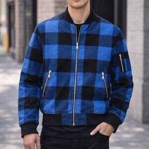 Adam Lippes x Target Blue Buffalo Plaid 90s Baseball Bomber Jacket Mens SZ XL